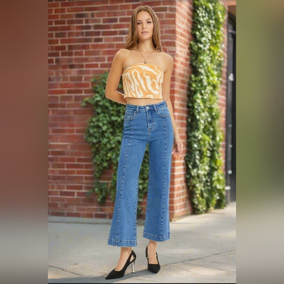 RISEN High-Rise Waist Blue Jeans Retro Wide Leg Front Seam Boyfriend Denim Pants - Picture 5 of 16